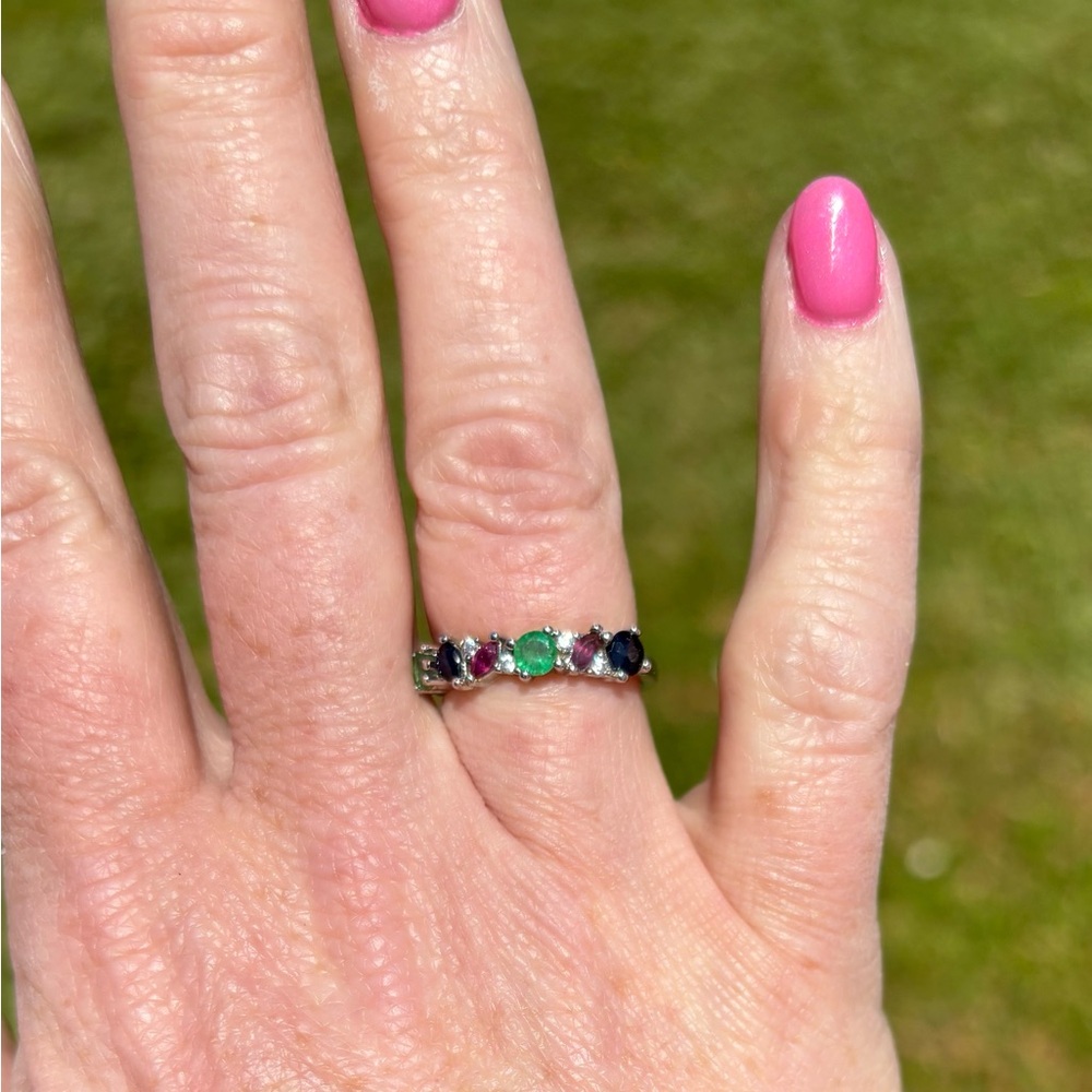 Natural Emerald Ruby & Sapphire Gemstone Ring in 925 Sterling Silver Size 7.75